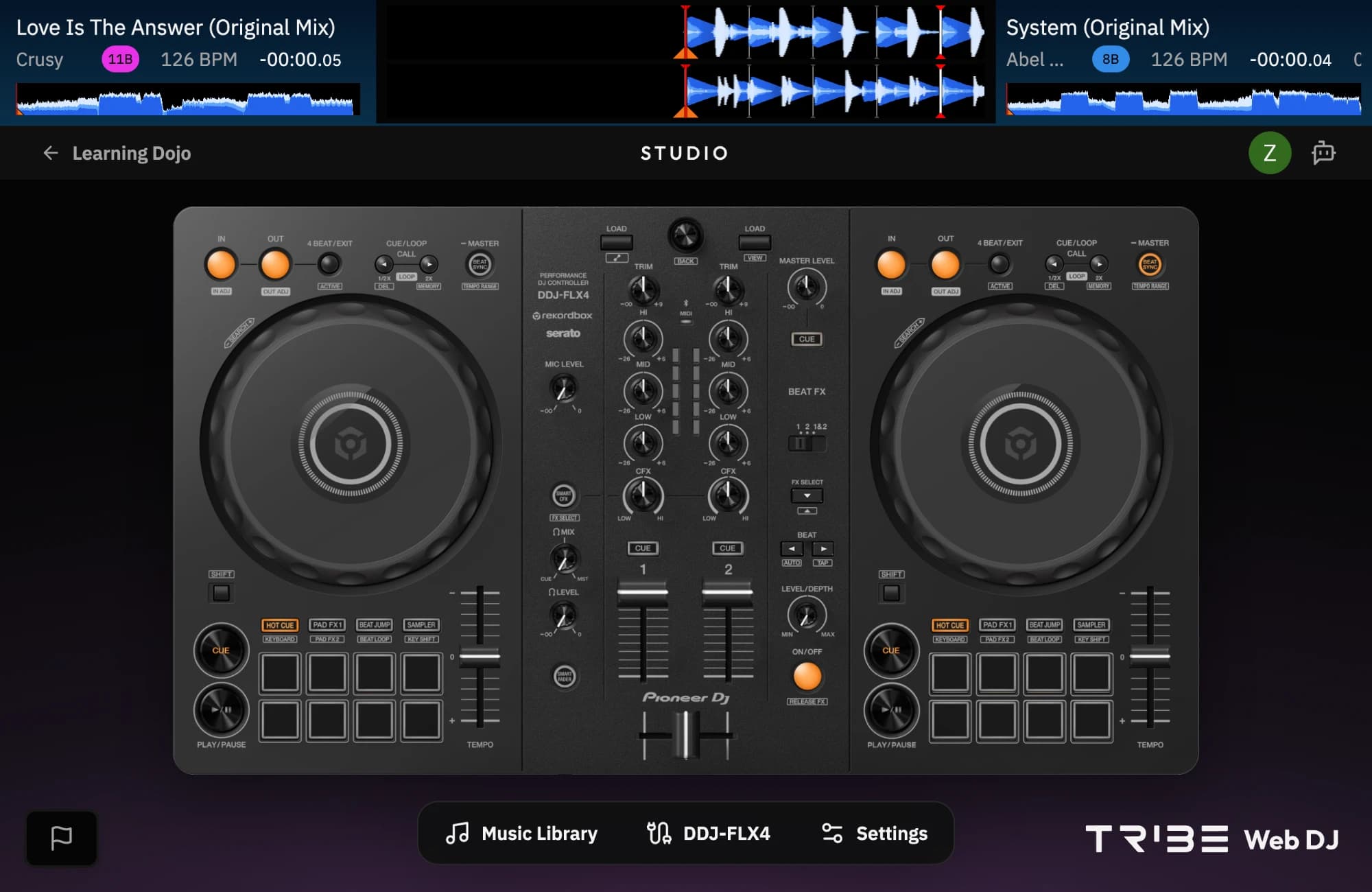Tribe DJ studio with a DDJ-FLX4 controller in a browser